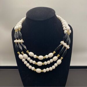 Vintage Multi-Strand White and Black Beaded Necklace with Gold Accents